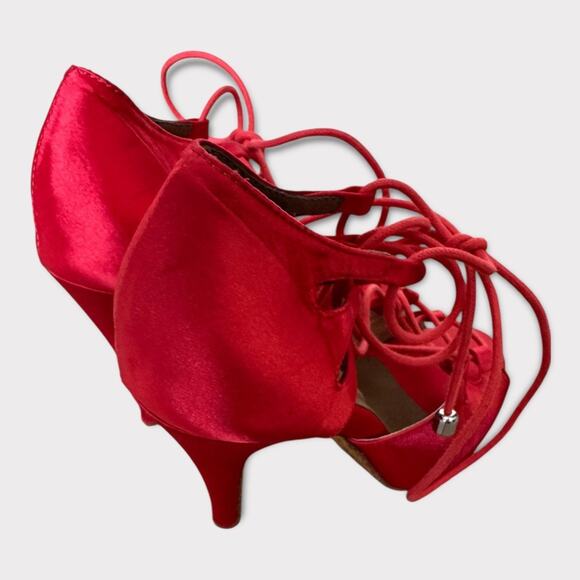 Burju Latin Dance Alemana Red Satin Open Toe Lace Up Heeled Sandals Size 6.5 - Picture 9 of 16